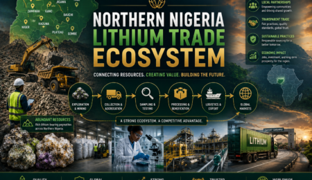 Premium lithium trade ecosystem banner showing Northern Nigeria lithium mining regions, aggregation centers, laboratory testing, processing facilities, logistics networks, and export supply chains