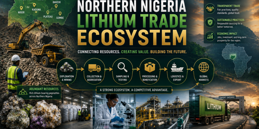 Northern Nigeria hosts an expanding lithium trade ecosystem that connects miners, aggregators, laboratories, processors, logistics providers, exporters, and international buyers through an increasingly structured supply chain. Premium lithium trade ecosystem banner showing Northern Nigeria lithium mining regions, aggregation centers, laboratory testing, processing facilities, logistics networks, and export supply chains