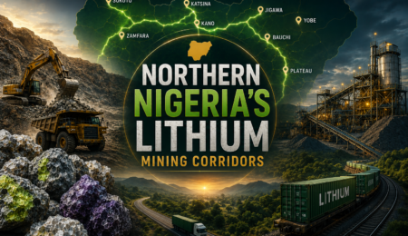 Premium lithium mining corridor banner showing Northern Nigeria lithium resource map, mining operations, processing facilities, transport infrastructure, rail freight, highways, and strategic mineral logistics networks