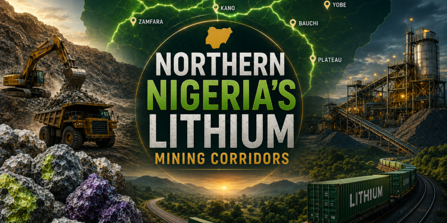 Northern Nigeria's emerging lithium mining corridors connect mineral-rich regions with aggregation centres, processing facilities, transport infrastructure, and export routes, strengthening the country's growing battery minerals supply chain. Premium lithium mining corridor banner showing Northern Nigeria lithium resource map, mining operations, processing facilities, transport infrastructure, rail freight, highways, and strategic mineral logistics networks