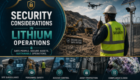 Premium lithium operations security banner showing secured mining site, surveillance systems, security personnel, drone monitoring, access control, and lithium asset protection in Nigeria