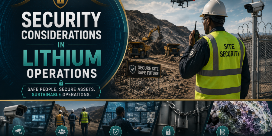 Premium lithium operations security banner showing secured mining site, surveillance systems, security personnel, drone monitoring, access control, and lithium asset protection in Nigeria