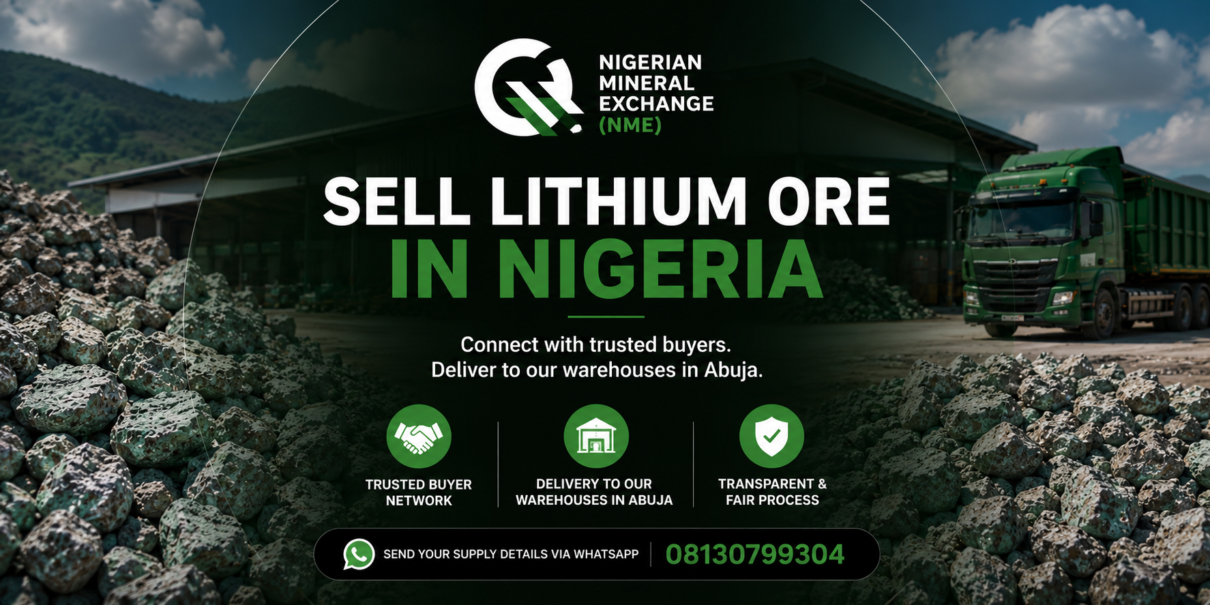 Looking for lithium buyers in Nigeria? Connect with trusted procurement networks through the Nigerian Mineral Exchange (NME) and deliver to our Abuja warehousing and supply chain coordination network.