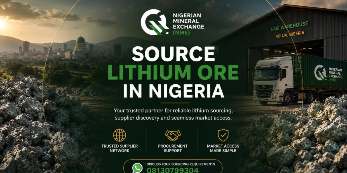 Looking for reliable lithium suppliers in Nigeria? NME helps buyers access supplier networks, procurement support, market intelligence, and sourcing opportunities across Northern Nigeria and the Abuja supply corridor. Premium Nigerian Mineral Exchange (NME) banner promoting lithium ore sourcing in Nigeria, featuring Abuja warehousing infrastructure, supplier discovery, procurement coordination, and market access services for domestic and international buyers.