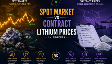 Professional lithium pricing banner comparing spot market pricing and contract lithium agreements in Nigeria with market charts, supply contracts, and trade logistics