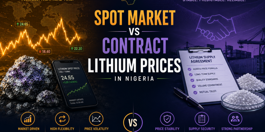 Lithium buyers in Nigeria often choose between spot market purchases and long-term contract agreements, each offering different advantages in pricing, supply security, and commercial flexibility. Professional lithium pricing banner comparing spot market pricing and contract lithium agreements in Nigeria with market charts, supply contracts, and trade logistics