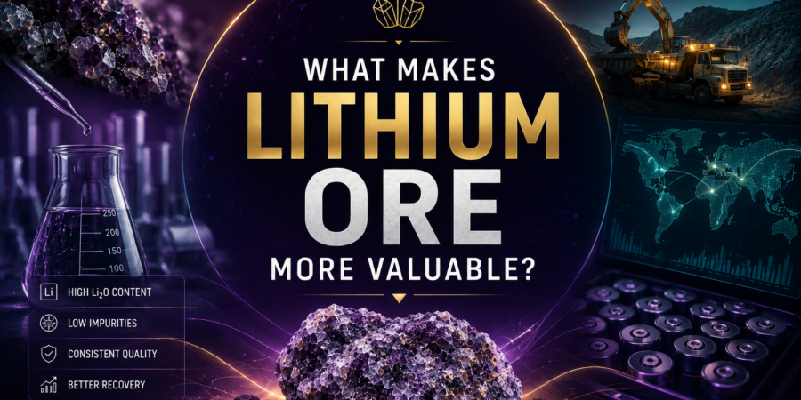 Premium lithium ore value banner showing high-grade lithium ore, laboratory testing, mining operations, battery technology, and market intelligence factors influencing lithium value