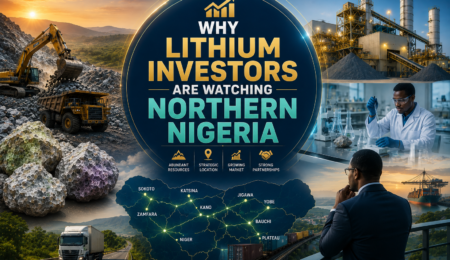 Northern Nigeria is attracting increasing attention from lithium investors because of its mineral potential, expanding infrastructure, strategic trade position, and growing role in Nigeria's battery minerals economy. Premium lithium investment banner showing Northern Nigeria lithium resources, mining operations, processing facilities, investor analysis, logistics corridors, and strategic battery minerals opportunities