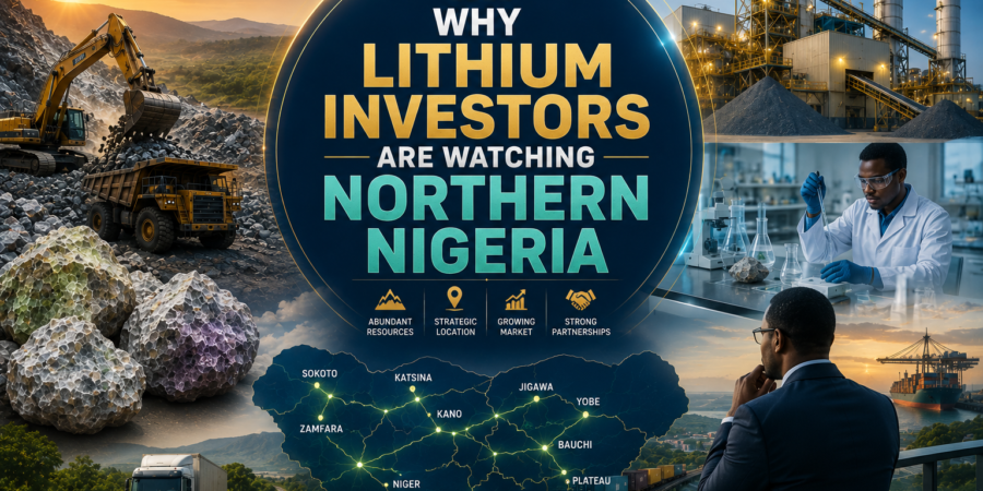 Premium lithium investment banner showing Northern Nigeria lithium resources, mining operations, processing facilities, investor analysis, logistics corridors, and strategic battery minerals opportunities
