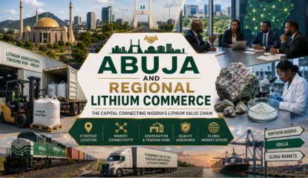 Premium corporate banner showing Abuja skyline, lithium aggregation facilities, business meetings, laboratory testing, freight logistics, export infrastructure, and regional lithium commerce in Nigeria