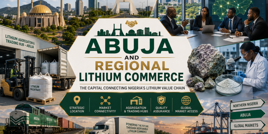 Abuja plays a strategic role in regional lithium commerce by connecting producers, aggregators, laboratories, logistics providers, investors, and international buyers across Nigeria's expanding battery minerals value chain. Premium corporate banner showing Abuja skyline, lithium aggregation facilities, business meetings, laboratory testing, freight logistics, export infrastructure, and regional lithium commerce in Nigeria
