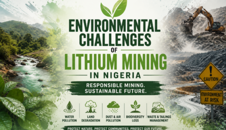 Premium environmental banner showing lithium mining activities alongside natural landscapes, highlighting land disturbance, water resources, biodiversity, and sustainable mining practices in Nigeria