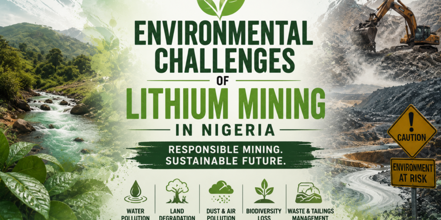 Premium environmental banner showing lithium mining activities alongside natural landscapes, highlighting land disturbance, water resources, biodiversity, and sustainable mining practices in Nigeria