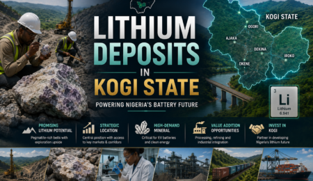 Kogi State is attracting interest within Nigeria's emerging lithium sector as exploration and geological assessment increase attention on lithium-bearing pegmatites and the state's broader critical mineral potential. Premium geological exploration banner showing lithium-bearing pegmatite exploration, field geologists, mineral samples, laboratory testing, and a map representing lithium deposits in Kogi State, Nigeria