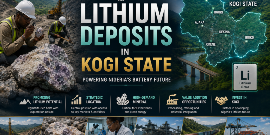 Premium geological exploration banner showing lithium-bearing pegmatite exploration, field geologists, mineral samples, laboratory testing, and a map representing lithium deposits in Kogi State, Nigeria