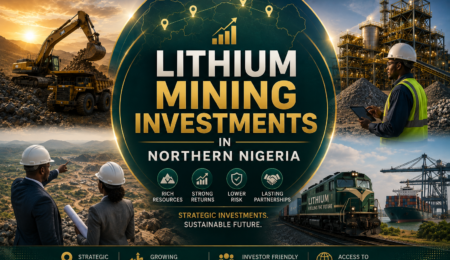 Premium investment banner showing lithium mining operations in Northern Nigeria, industrial processing facilities, mining executives, logistics infrastructure, rail transport, export terminals, and strategic investment opportunities