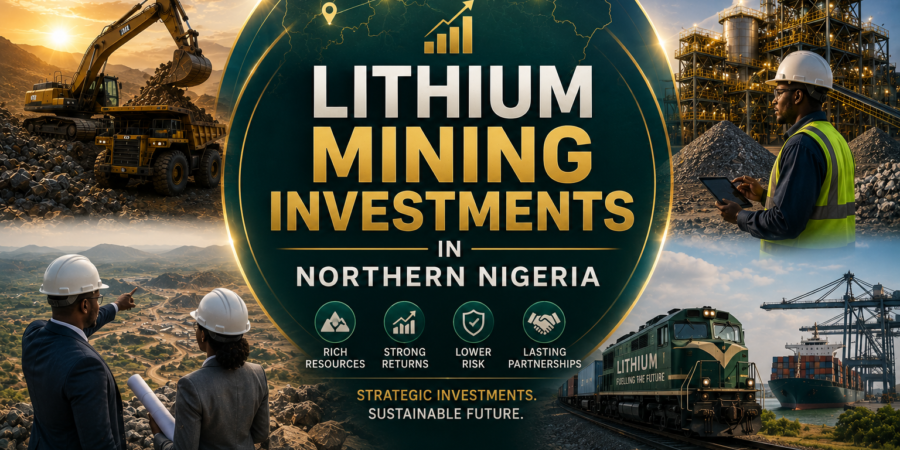 Northern Nigeria is emerging as one of the country's most promising destinations for lithium mining investment, supported by growing exploration activity, expanding infrastructure, and increasing global demand for battery minerals. Premium investment banner showing lithium mining operations in Northern Nigeria, industrial processing facilities, mining executives, logistics infrastructure, rail transport, export terminals, and strategic investment opportunities