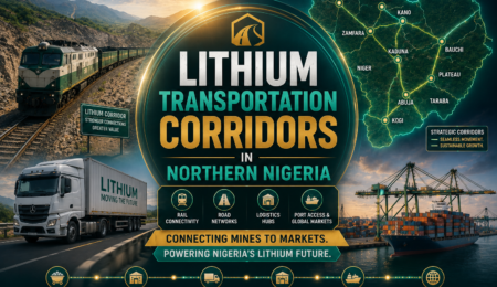 Premium logistics banner showing lithium transportation corridors in Northern Nigeria with freight rail, road haulage, regional trade routes, logistics hubs, and mineral supply networks