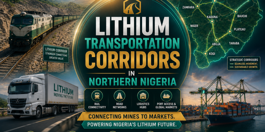 Lithium transportation corridors in Northern Nigeria connect mining and aggregation areas with testing facilities, processing centres, commercial hubs, and wider domestic and international markets. Premium logistics banner showing lithium transportation corridors in Northern Nigeria with freight rail, road haulage, regional trade routes, logistics hubs, and mineral supply networks