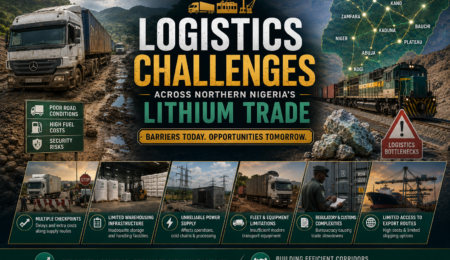 Premium logistics intelligence banner showing challenging road conditions, freight rail transport, lithium haulage, regional transport routes, logistics bottlenecks, and supply chain infrastructure across Northern Nigeria