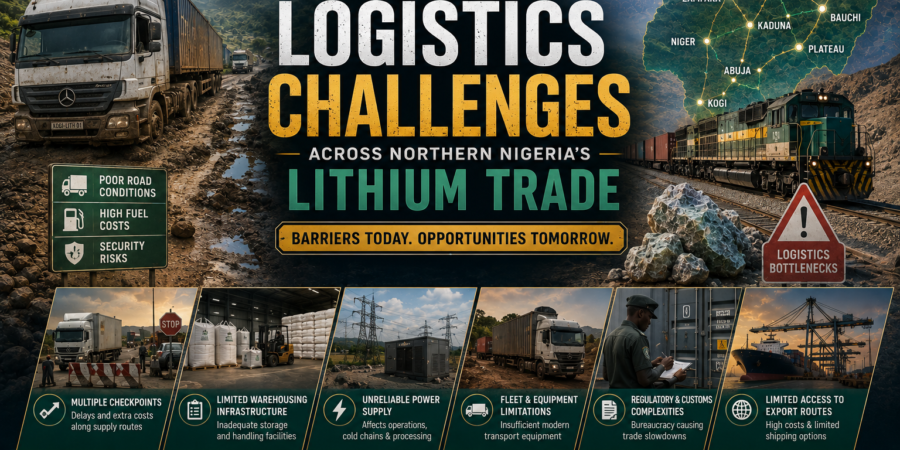 Road conditions, transportation costs, security concerns, limited infrastructure, and export constraints remain important logistics challenges affecting the efficient movement of lithium across Northern Nigeria. Premium logistics intelligence banner showing challenging road conditions, freight rail transport, lithium haulage, regional transport routes, logistics bottlenecks, and supply chain infrastructure across Northern Nigeria