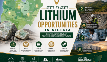 Premium Nigeria lithium opportunities banner showing a state-by-state map, lithium-bearing rocks, mining exploration, laboratory testing, investment, infrastructure, and battery minerals development