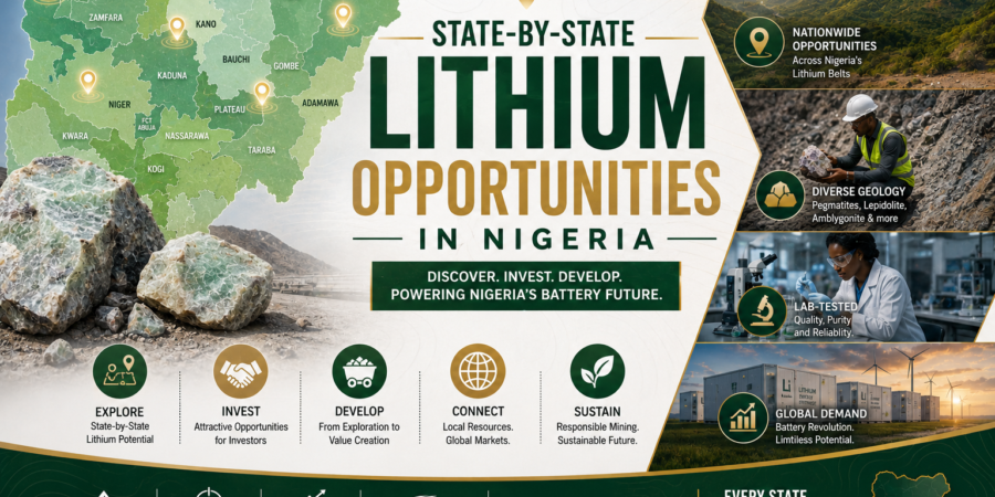 Nigeria's lithium opportunities vary by state, creating different prospects for exploration, mining, investment, processing, infrastructure development, and participation in the growing battery minerals economy. Premium Nigeria lithium opportunities banner showing a state-by-state map, lithium-bearing rocks, mining exploration, laboratory testing, investment, infrastructure, and battery minerals development