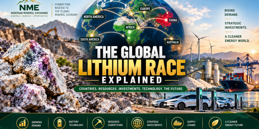 The global lithium race is being shaped by rising battery demand, mineral resources, processing capacity, technology, investment, and competition for secure supply chains. Premium global lithium industry banner showing a world map, major lithium regions, mining, EVs, renewable energy, processing facilities, shipping routes, and international lithium supply chains.