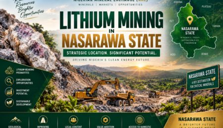 Premium banner showing lithium mining in Nasarawa State, Nigeria, with pegmatite rocks, mining equipment, geological exploration, and regional mineral development.
