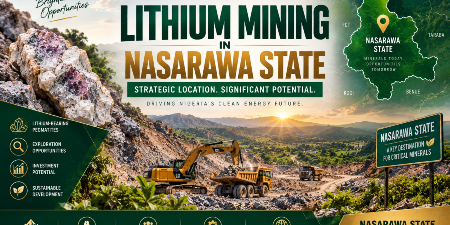 Nasarawa State is emerging as an important centre for lithium exploration, mining, investment, and mineral value development in Nigeria. Premium banner showing lithium mining in Nasarawa State, Nigeria, with pegmatite rocks, mining equipment, geological exploration, and regional mineral development.