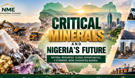 Premium landscape banner illustrating critical minerals and Nigeria’s future, featuring mineral specimens, mining operations, a map of Nigeria, industrial processing, clean energy, and global trade infrastructure.