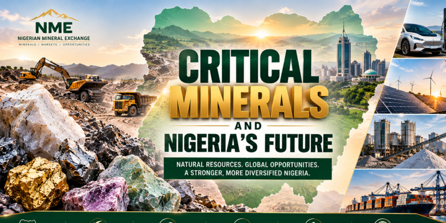 Nigeria’s critical minerals offer opportunities to strengthen industrial development, create jobs, expand local value chains, attract investment, and support the global energy transition. Premium landscape banner illustrating critical minerals and Nigeria’s future, featuring mineral specimens, mining operations, a map of Nigeria, industrial processing, clean energy, and global trade infrastructure.
