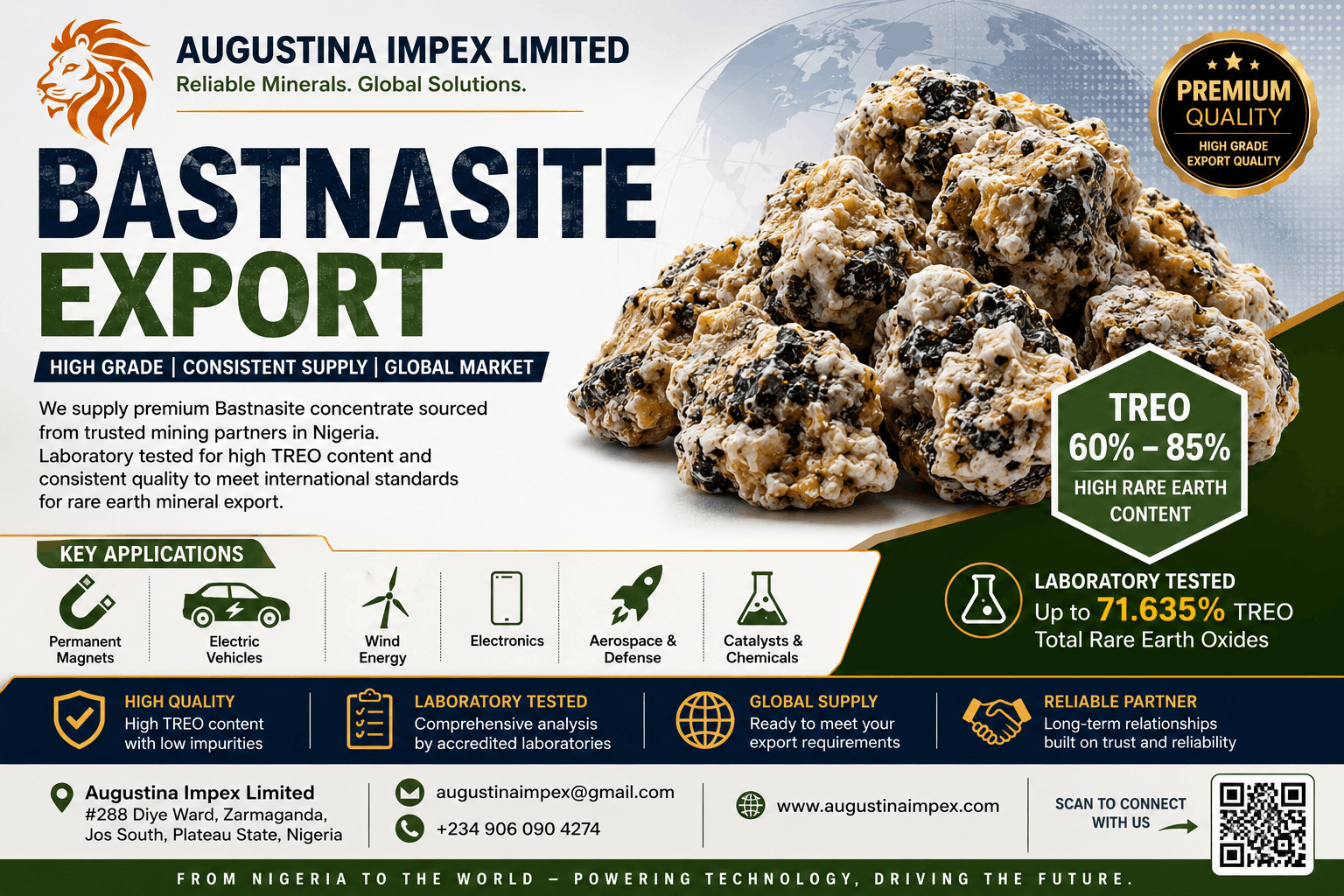 Nigerian Bastnäsite-Ce Concentrate | TREO 68–72% | Zero Th/U | ISO Lab Certified | FOB Nigerian Ports